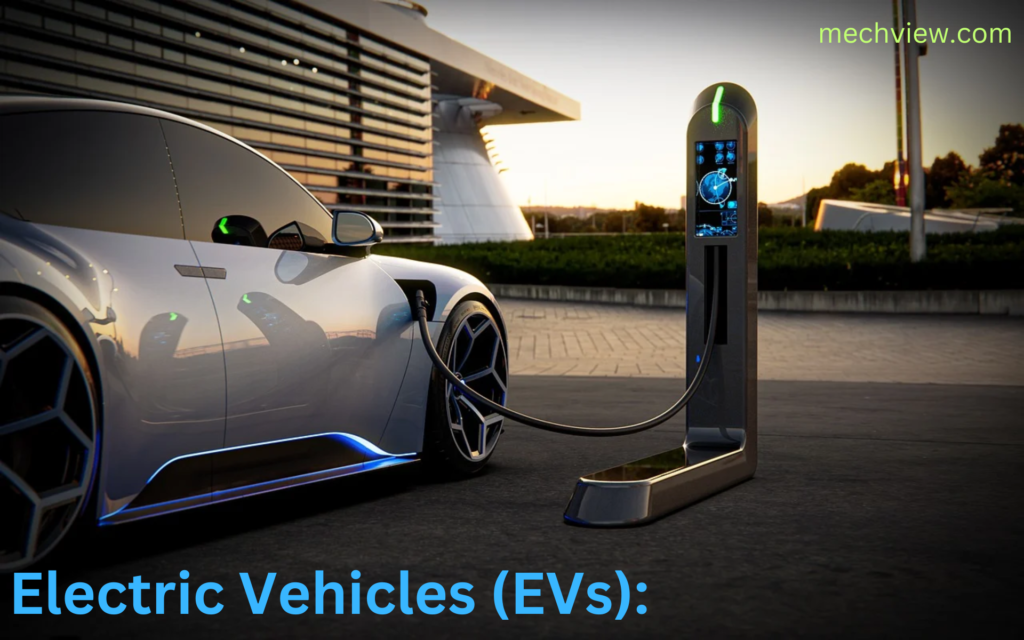 Electric vehicles (EVs) are automobiles that are powered by electric motors and use rechargeable batteries or other energy storage systems for propulsion. These vehicles do not rely on traditional internal combustion engines fueled by gasoline or diesel. Instead, they operate by converting electrical energy stored in the battery pack into mechanical energy to drive the vehicle. EVs can be charged from external power sources such as charging stations, home outlets, or renewable energy sources like solar panels.